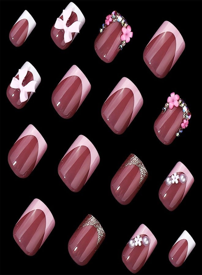 BSBTBZ 24pcs French Tip Press-On Nails - Short, Charms, Bow, Flower Design, Pink, Cute, Square Shape, Acrylic, Rhinestones - Image 3